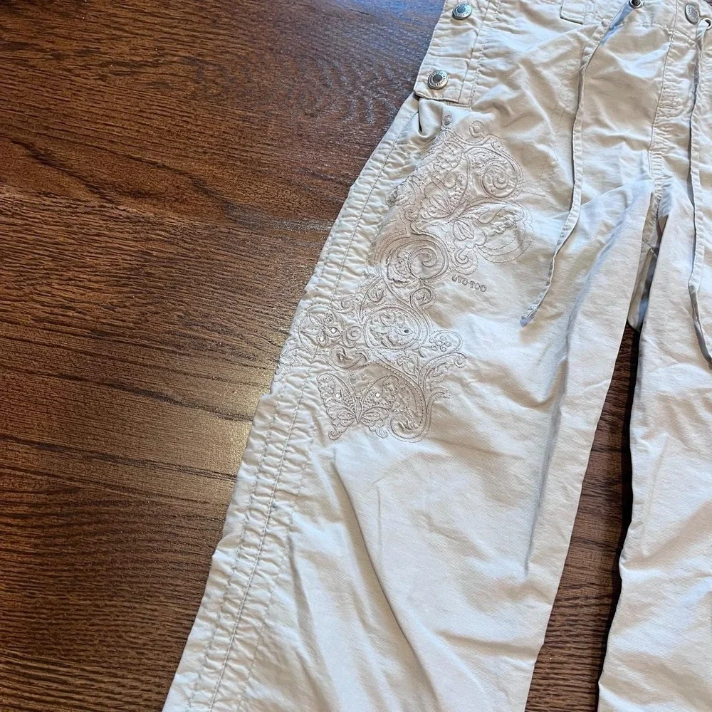 ⭐Y2K Girls Cream Khaki Floral Embroidery Utility Pants Cinched Tie Hem Size 7